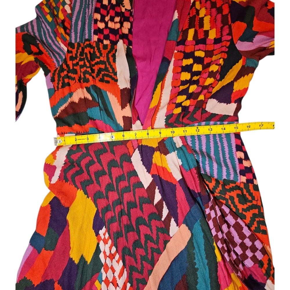 Farm Rio Red Abstract Patchwork Maxi Dress Long Sleeve Wrap Style Size Large - Picture 12 of 15